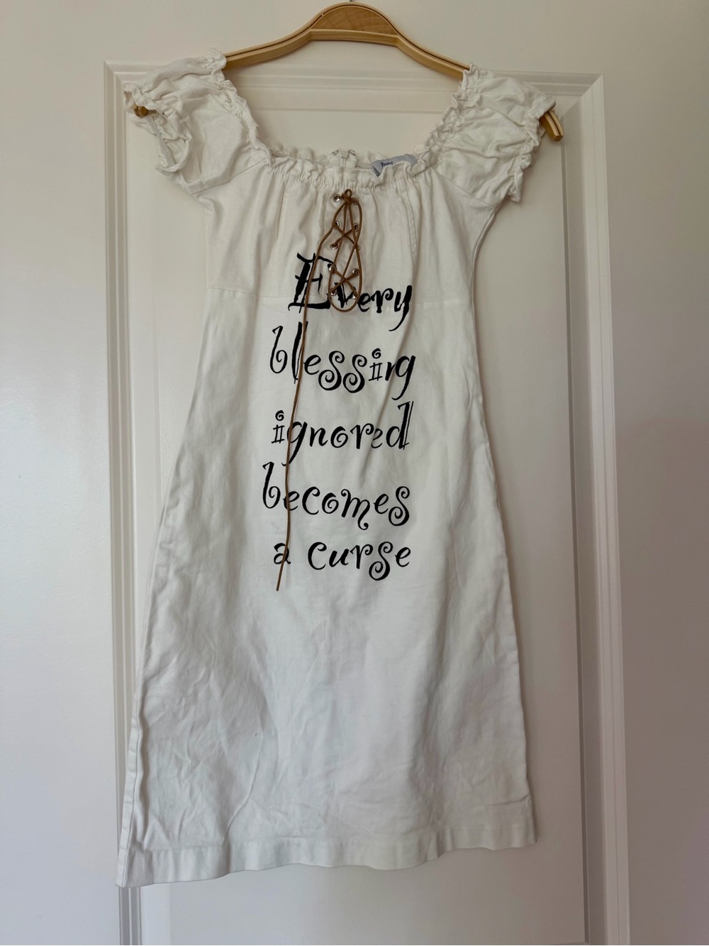 White Off-Shoulder Mini Dress with Script Detail